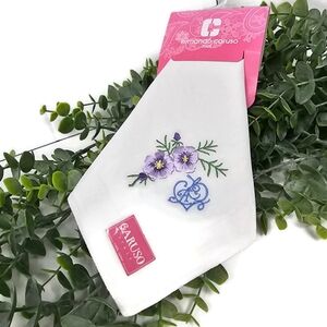 Armando Caruso New Embroidered White w/ Purple Flowers 100% Cotton Handerchief